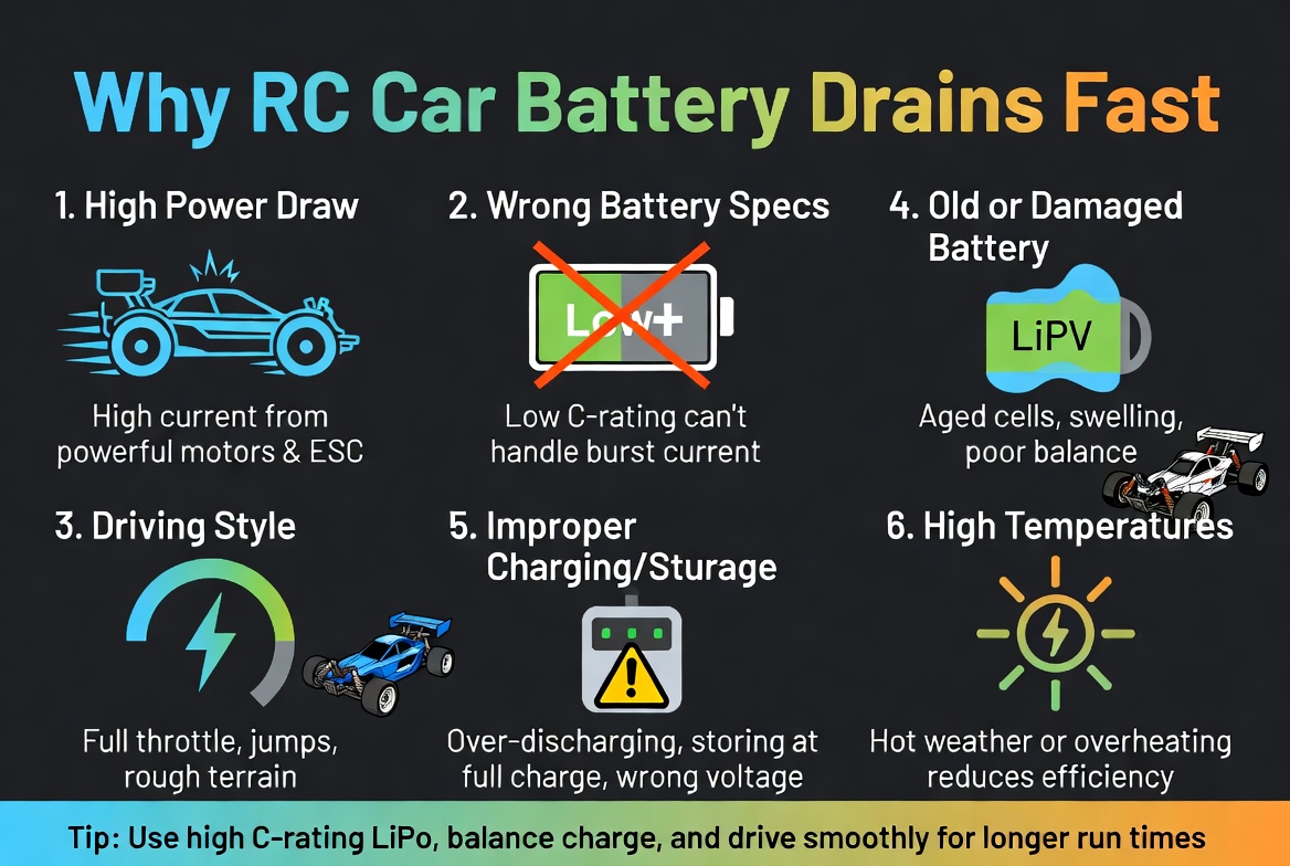 why rc car battery drains fast